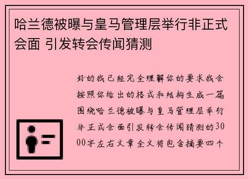 哈兰德被曝与皇马管理层举行非正式会面 引发转会传闻猜测
