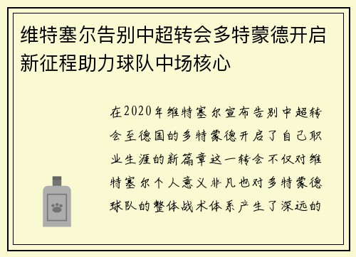 维特塞尔告别中超转会多特蒙德开启新征程助力球队中场核心